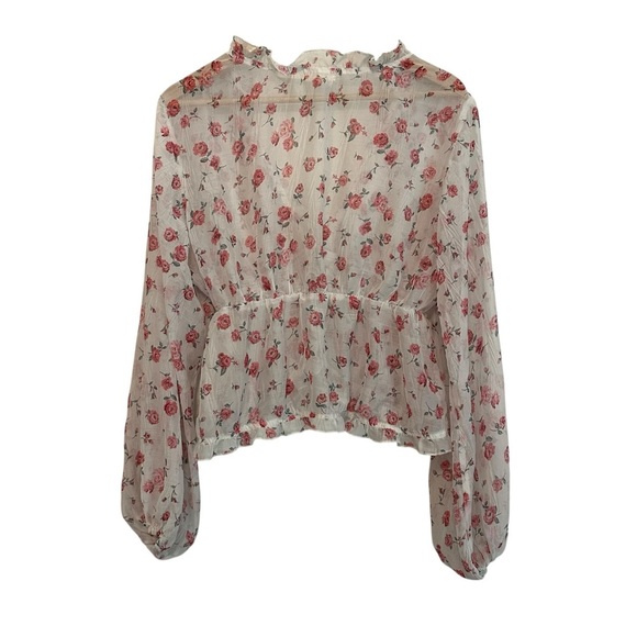 Women's Large Cropped Chiffon Sheer Rose Floral Ruffled Cottage Soft Casual Top - Picture 4 of 4